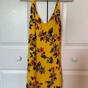 Yellow dress, floral, low back v neck